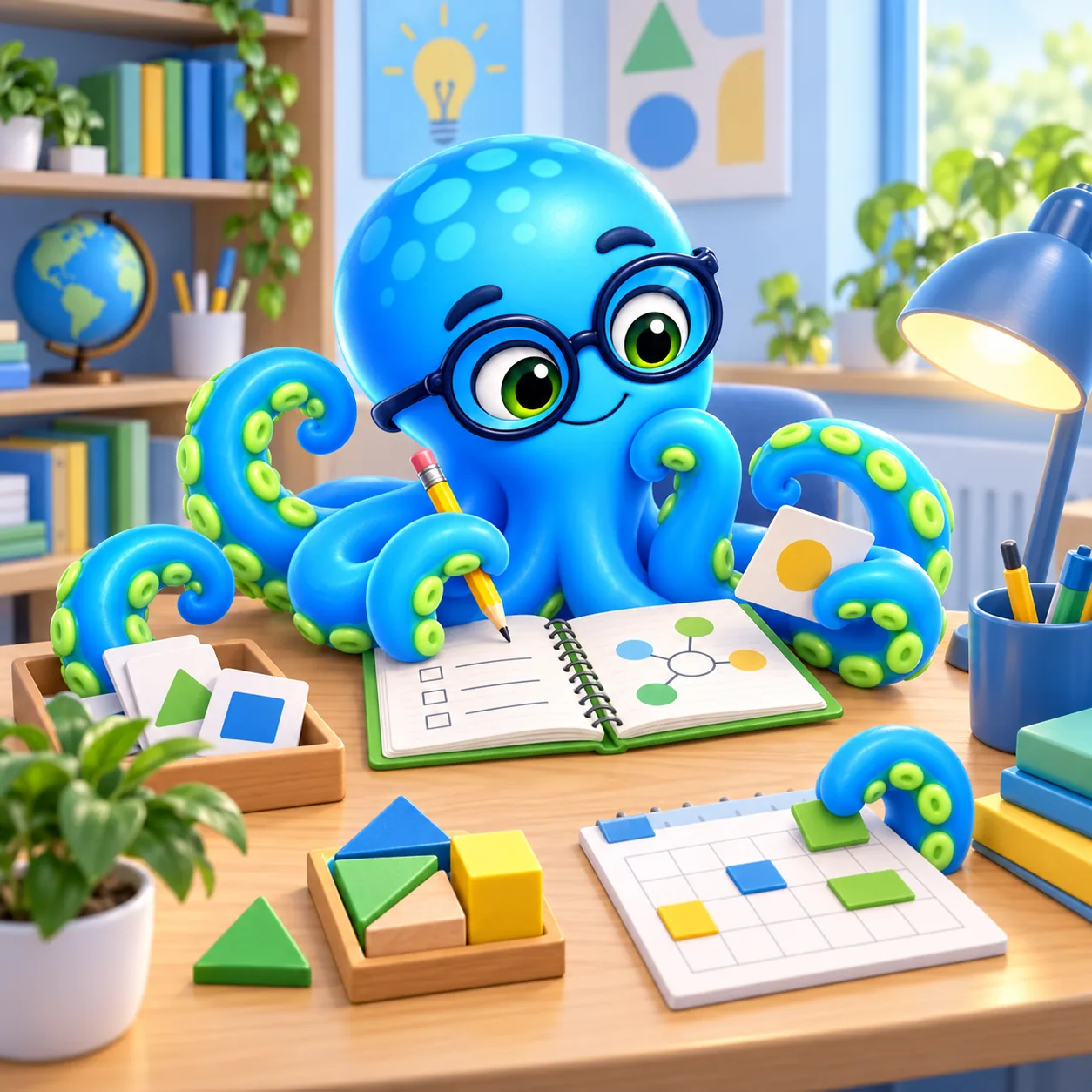 Mindo, la mascota de MindoClass, rodeada de pantallas interactivas: emparejar, ordenar, clasificar y un simulador
